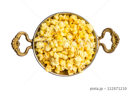Delicious cheese and salted popcorn in a skillet isolated on white background 122871210