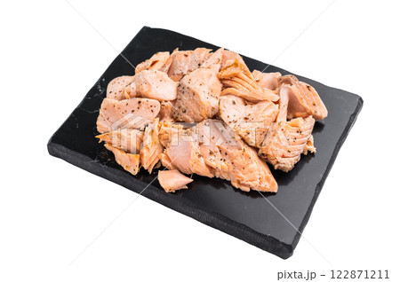 Pulled salmon roast fillets isolated on white background. Top view Pulled salmon roast fillets isolated on white background. Top view 122871211