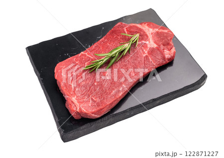 Delicious marbled Raw top sirloin beef steak with rosemary isolated on white background. top view Delicious marbled Raw top sirloin beef steak with rosemary isolated on white background. top view 122871227