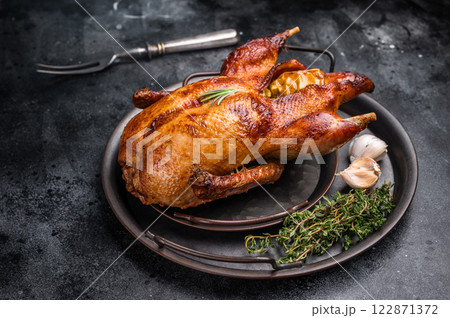 Roasted whole goose on steel tray. black background. top view Roasted whole goose on steel tray. black background. top view 122871372