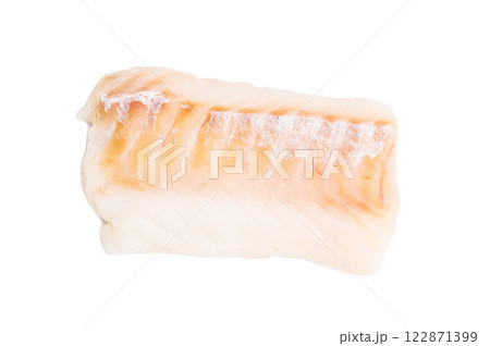 Raw cod fish fillet, ready for cooking Boneless white fish meat isolated on white background Raw cod fish fillet, ready for cooking Boneless white fish meat isolated on white background 122871399