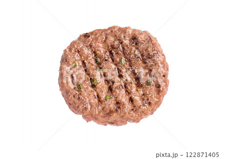 Grilled hamburger beef meat patty isolated on white background Grilled hamburger beef meat patty isolated on white background 122871405