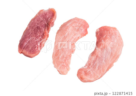 Slices of raw pork meat isolated on white background. top view Slices of raw pork meat isolated on white background. top view 122871415
