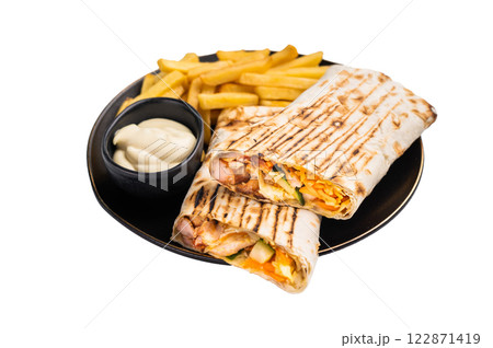 Turkish Shawarma, doner wrap sandwich with meat and salad isolated on white background Turkish Shawarma, doner wrap sandwich with meat and salad isolated on white background 122871419