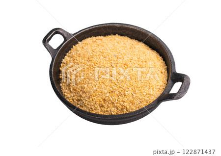 Fresh baked breadcrumbs in a skillet isolated on white background. top view Fresh baked breadcrumbs in a skillet isolated on white background. top view 122871437