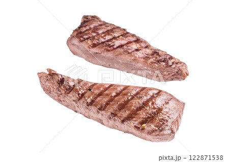 Grilled Mutton tenderloin fillet steak, lamb meat with herbs isolated on white background. top view Grilled Mutton tenderloin fillet steak, lamb meat with herbs isolated on white background. top view 122871538
