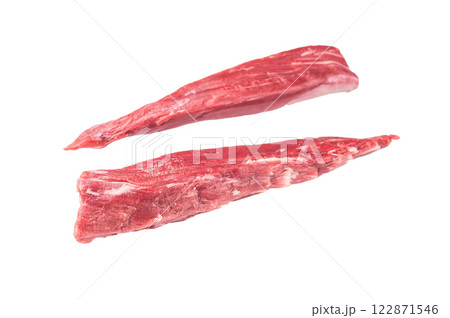 Raw lamb tenderloin fillet meat, fresh mutton isolated on white background. top view Raw lamb tenderloin fillet meat, fresh mutton isolated on white background. top view 122871546