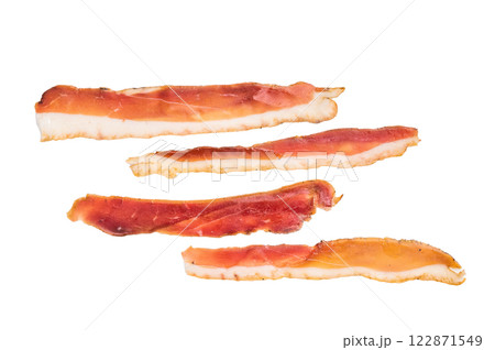 Smoked duck pastrami meat slices isolated on white background. top view 122871549