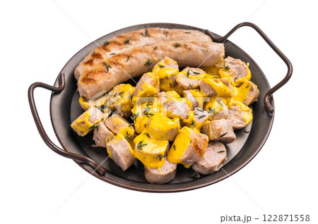 Currywurst sliced Sausages with curry sauce, wurst in steel plate isolated on white background. top view Currywurst sliced Sausages with curry sauce, wurst in steel plate isolated on white background. top view 122871558