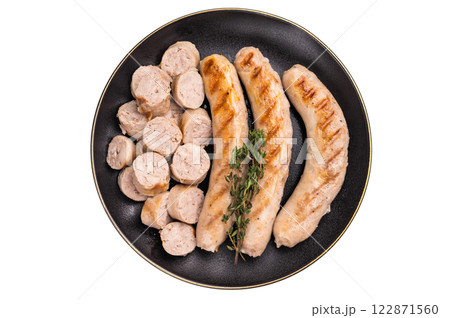 Grilled Sausages with forcemeat mincemeat and herbs in plate isolated on white background. top view Grilled Sausages with forcemeat mincemeat and herbs in plate isolated on white background. top view 122871560