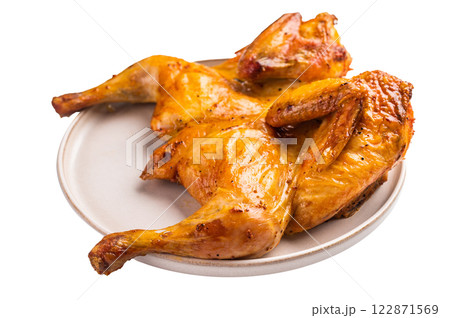 Roasted Spatchcock Chicken, poultry meat isolated on white background. top view 122871569