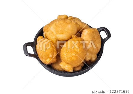 Korean winter snack Bungeoppang, Fish shaped Waffle with sweet filling isolated on white background. top view 122871655