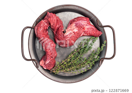 Raw Beef Machete Skirt Steak, fresh marble meat with herbs isolated on white background Raw Beef Machete Skirt Steak, fresh marble meat with herbs isolated on white background 122871669