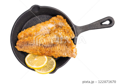 Pan Fried Hake white fish fillet isolated on white background. top view Pan Fried Hake white fish fillet isolated on white background. top view 122871670