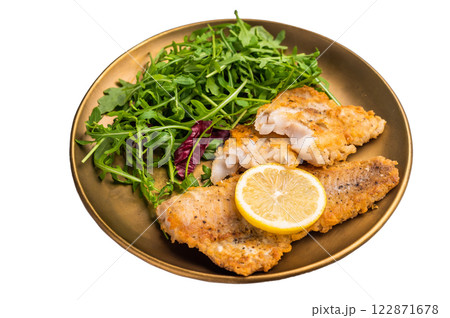 Roasted Pollock fish fillet on a plate with salad isolated on white background. top view 122871678