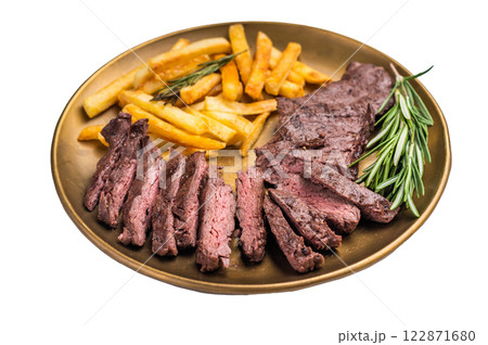 BBQ Grilled Beef Skirt Machete Steak on a plate with french fries isolated on white background. top view 122871680