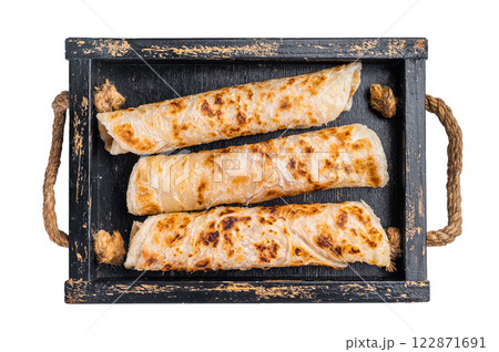 Aloo Paratha rolls, Indian Flatbread isolated on white background. top view Aloo Paratha rolls, Indian Flatbread isolated on white background. top view 122871691