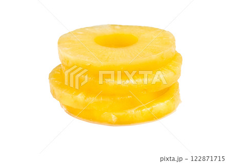 Canned Pineapple ring slices isolated on white background. top view 122871715