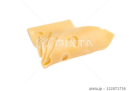 Swiss emmental cheese slices isolated on white background. top view 122871716