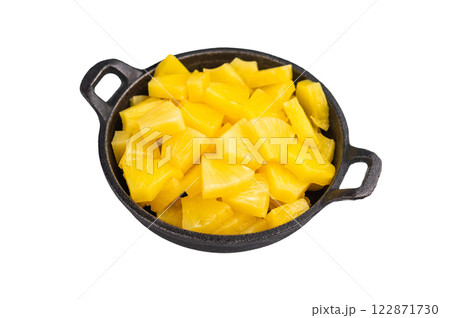 Canned Pineapple chunks slices in a bowl isolated on white background. top view 122871730