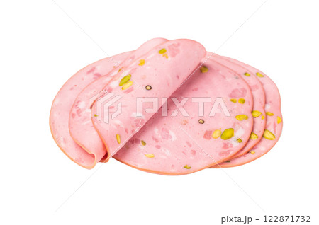 Slices Of Traditional Italian antipasti mortadella Bolognese isolated on white background. top view 122871732