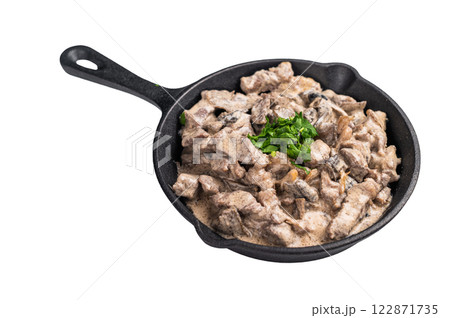 Creamy beef stroganoff with fresh greenery, savory mushroom sauce and caramelized onions in a skillet isolated on white background. top view 122871735