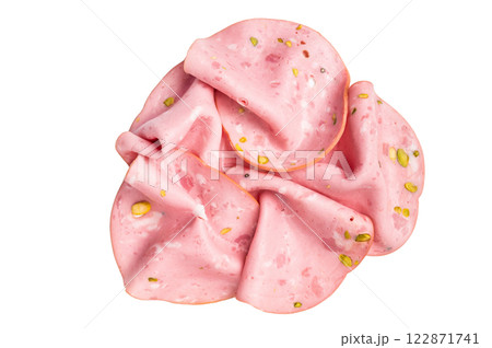 Mortadella Bolognese sausage slices with pistachios isolated on white background. top view Mortadella Bolognese sausage slices with pistachios isolated on white background. top view 122871741