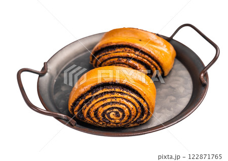 Homemade Poland Poppy Seed buns isolated on white background. top view Homemade Poland Poppy Seed buns isolated on white background. top view 122871765