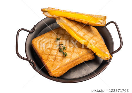 Toasted sliced cheese sandwiches isolated on white background. top view Toasted sliced cheese sandwiches isolated on white background. top view 122871768