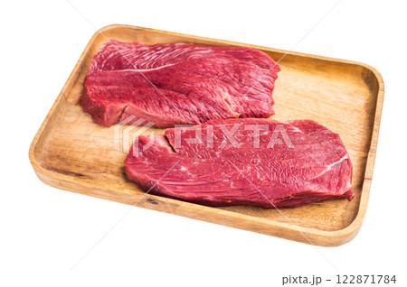 Raw Ostrich steaks, fresh Game Meat in wooden tray isolated on white background. top view Raw Ostrich steaks, fresh Game Meat in wooden tray isolated on white background. top view 122871784
