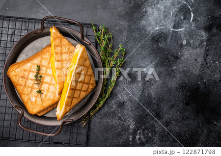 Toasted sliced cheese sandwiches in steel tray. black background. top view Toasted sliced cheese sandwiches in steel tray. black background. top view 122871798