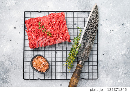 Raw lamb and beef mince meat, mincemeat, ready for cooking. Raw lamb and beef mince meat, mincemeat, ready for cooking. 122871846