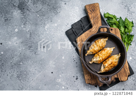 Fried Korean Dumplings with meat and vegetables in skillet. grey background. top view 122871848