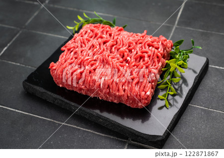 Raw beef and pork mince meat, mincemeat, on black background. Raw beef and pork mince meat, mincemeat, on black background. 122871867