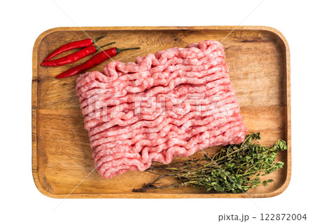 Uncooked mince veal and pork meat, raw forcemeat isolated on white background. top view Uncooked mince veal and pork meat, raw forcemeat isolated on white background. top view 122872004