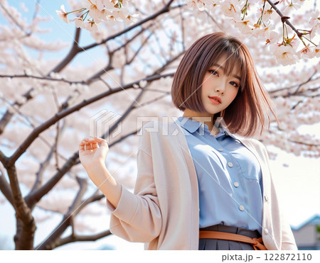 桜、春風の中の女性ポートレート2 122872110