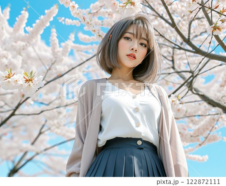 桜、春風の中の女性ポートレート2 122872111