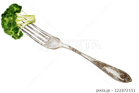 Broccoli watercolor illustration. A piece of green cabbage on a fork on an isolated white background. Botanical composition with with kitchen appliance. Hand-drawn clip art for menu design, price tags 122872151