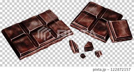 Chocolate piece watercolor. Hand drawn slice of dark chocolate bar on isolated white background. Clip art of sweet dessert. Ideal for logo and packaging of sweets, coffee shop menu and recipes Chocolate piece watercolor. Hand drawn slice of dark chocolate bar on isolated white background. Clip art of sweet dessert. Ideal for logo and packaging of sweets, coffee shop menu and recipes 122872157