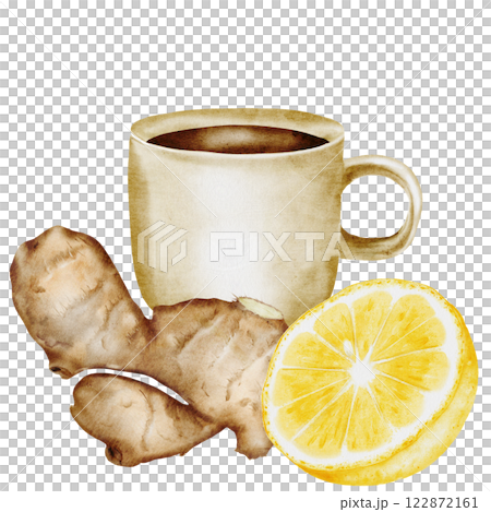 Herbal tea watercolor. Drink with lemon and ginger. Hand drawn beige mug with hot citrus drink and ginger root on isolated white background. Ideal for logo and packaging of medicinal tea. Homeopathic Herbal tea watercolor. Drink with lemon and ginger. Hand drawn beige mug with hot citrus drink and ginger root on isolated white background. Ideal for logo and packaging of medicinal tea. Homeopathic 122872161