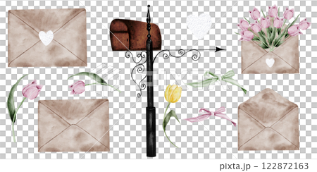 Mail watercolor set. Vintage mailbox, letter container. Letters, envelopes and flowers tulips Isolated clip art on white background. Ideal for postcards for Postal Day, Postal Worker Mail watercolor set. Vintage mailbox, letter container. Letters, envelopes and flowers tulips Isolated clip art on white background. Ideal for postcards for Postal Day, Postal Worker 122872163