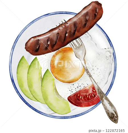 Breakfast on a plate watercolor. Hand drawn food with fried eggs, sausage on fork, avocado and tomato. Clip art food. Ideal for posters and restaurant menus of vegetarian and diet dishes 122872165