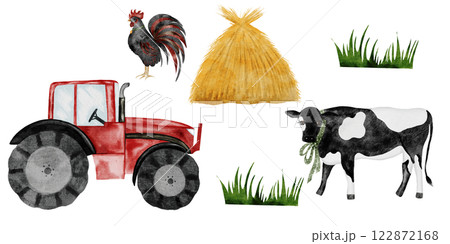 Cute farm animal and tractor set. Hand drawn cow, rooster, haystack and red tractor on isolated white background. Country style clip art. Ideal for educational cards and posters Cute farm animal and tractor set. Hand drawn cow, rooster, haystack and red tractor on isolated white background. Country style clip art. Ideal for educational cards and posters 122872168