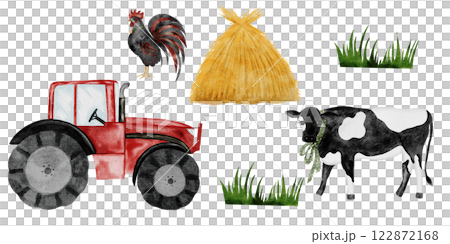 Cute farm animal and tractor set. Hand drawn cow, rooster, haystack and red tractor on isolated white background. Country style clip art. Ideal for educational cards and posters Cute farm animal and tractor set. Hand drawn cow, rooster, haystack and red tractor on isolated white background. Country style clip art. Ideal for educational cards and posters 122872168