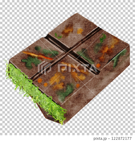 Chocolate Dubai watercolor. Hand drawn original milk chocolate bar filled with kataifi and pistachio paste on isolated white background. Clip art of sweet dessert. Ideal for logo and packaging of 122872177