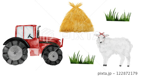 Cute farm animal and tractor. Hand drawn haystack and red tractor on isolated white background. Country style clip art. Ideal for educational cards and posters Cute farm animal and tractor. Hand drawn haystack and red tractor on isolated white background. Country style clip art. Ideal for educational cards and posters 122872179