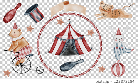 Circus watercolor. Hand drawn big set cute animals on isolated white background. Clip art of bear on bicycle, bunny on ball and tiger cub. Perfect for posters and cards for baby shower 122872184