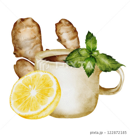 Watercolor herbal tea with lemon slices and mint leaves. Hand drawn beige mug with hot citrus drink and on isolated white background. Ideal for logo and packaging of medicinal tea. Homeopathic 122872185
