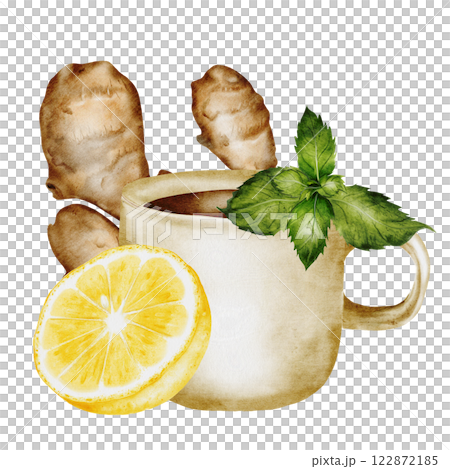 Watercolor herbal tea with lemon slices and mint leaves. Hand drawn beige mug with hot citrus drink and on isolated white background. Ideal for logo and packaging of medicinal tea. Homeopathic 122872185