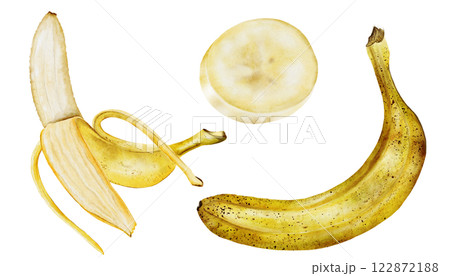 Banana watercolor set. Hand drawn ripe tropical fruit. Clip art isolated on white background realistic exotic plant. Ideal for designing menus, price tags, labels and packaging of natural cosmetics Banana watercolor set. Hand drawn ripe tropical fruit. Clip art isolated on white background realistic exotic plant. Ideal for designing menus, price tags, labels and packaging of natural cosmetics 122872188